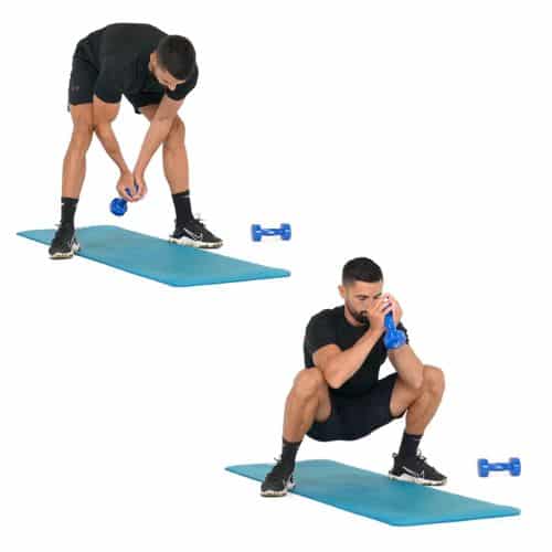 illustration de comment réaliser l'exercice du frog squat avec haltère étape par étape