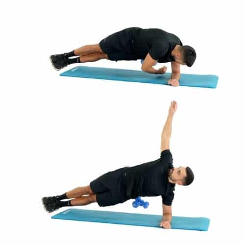illustration de comment réaliser un gainage latérale avec rotation étape par étape
