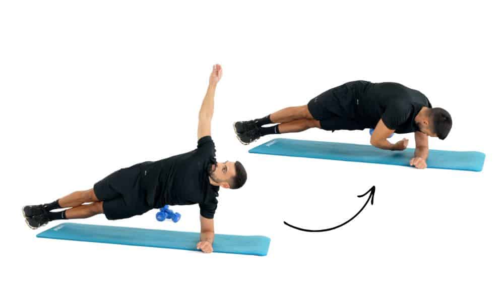 illustration de comment réaliser des Jumping Jack étape par étape Comment réaliser l'exercice du Gainage latérale avec rotation en musculation