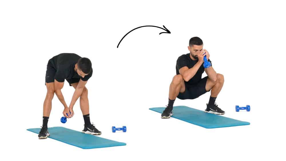 illustration de comment réaliser des Jumping Jack étape par étape Comment réaliser l'exercice du frog squat avec haltère en musculation