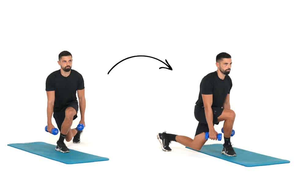 Comment réaliser l'exercice des Curtsy lunge avec haltères. Exercice de fitness et remise en forme à la maison.