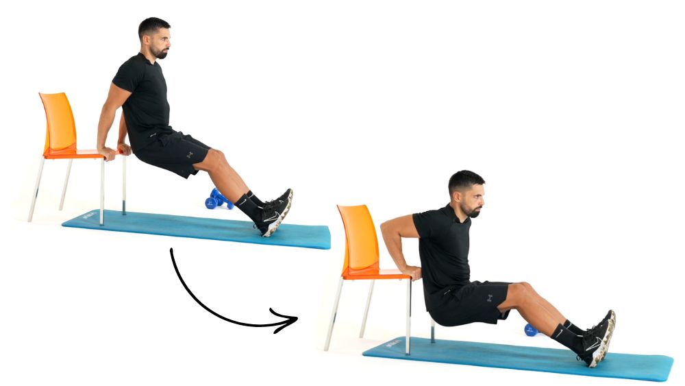 Comment réaliser l'exercice des Dips sur une chaise. Exercice de fitness et remise en forme à la maison