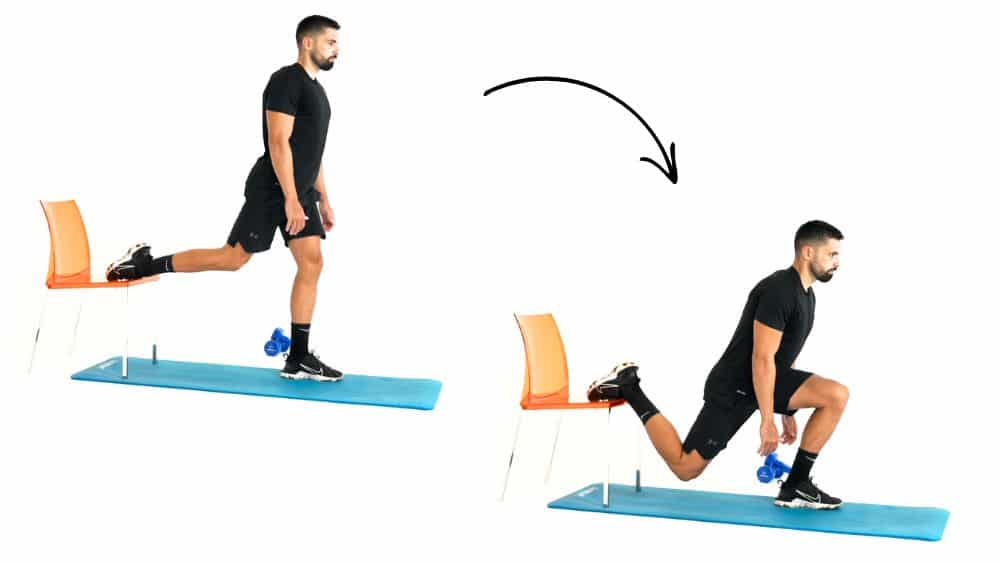 Comment réaliser l'exercice du fente bulgare sur chaise. Exercice de fitness et remise en forme à la maison