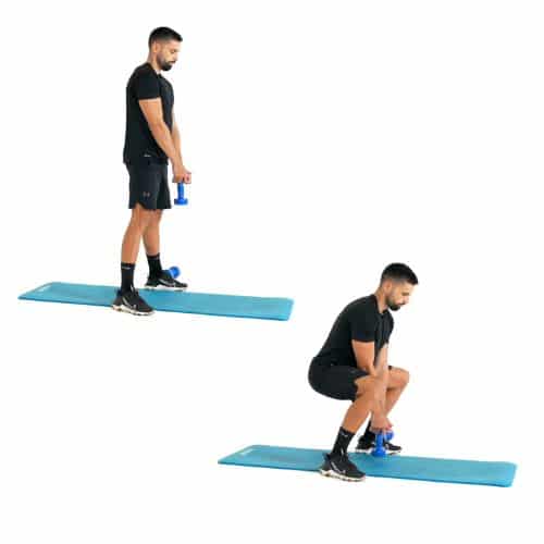 illustration de comment réaliser l'exercice du Goblet Squat Haltere avec rebond