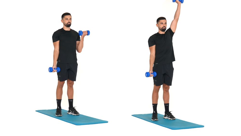 Comment réaliser l'exercice du Alternating Curl Press. Exercice de fitness et remise en forme à la maison.