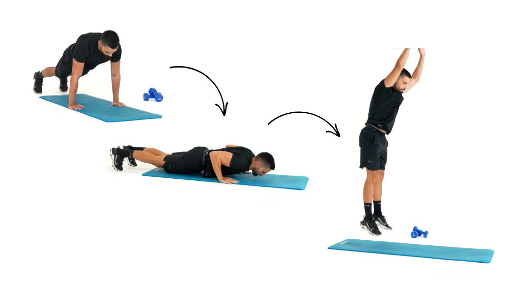 Comment réaliser l'exercice du Burpee. Exercice de fitness et remise en forme à la maison.