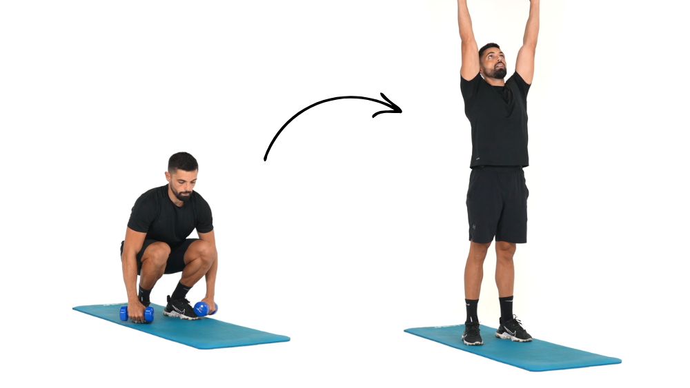 Comment réaliser l'exercice du Clean and Press Haltères. Exercice de fitness et remise en forme à la maison.