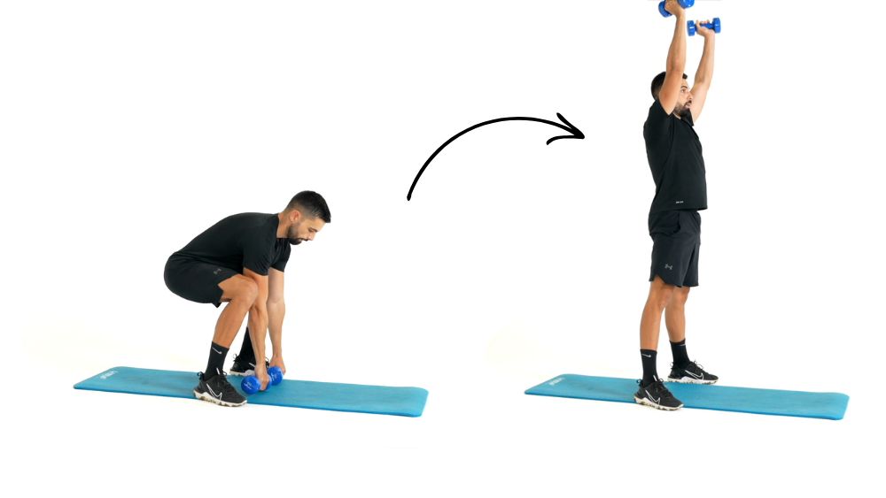 illustration de comment réaliser des Jumping Jack étape par étape Comment réaliser l'exercice du Deadlift Clean and Press avec Haltères. Exercice de fitness et remise en forme à la maison.