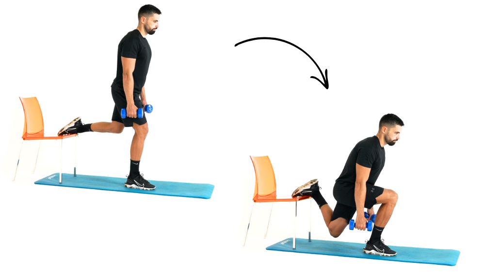 Comment réaliser l'exercice du Fente bulgare avec haltères. Exercice de fitness et remise en forme à la maison.