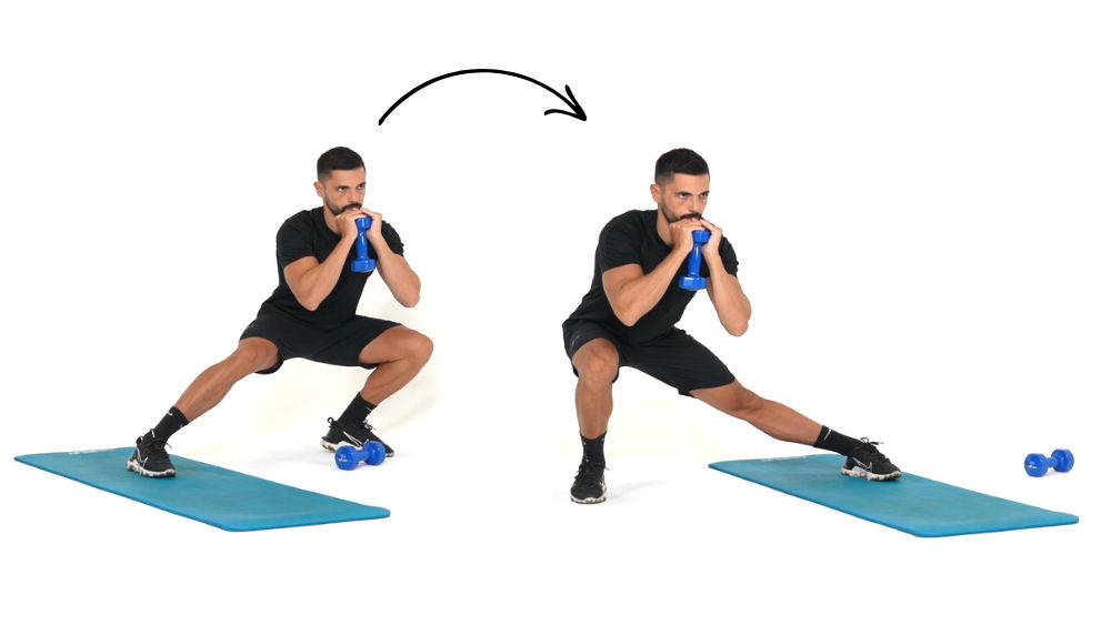 illustration de comment réaliser des Jumping Jack étape par étape Comment réaliser l'exercice des Fentes latérales avec haltères alternée. Exercice de fitness et remise en forme à la maison.