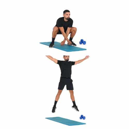 Comment réaliser l'exercice du Squat Jumps en X. Exercice de fitness et remise en forme à la maison.