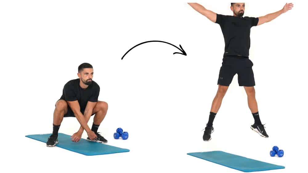 Comment réaliser l'exercice du Squat Jumps en X. Exercice de fitness et remise en forme à la maison.