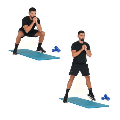 illustration de comment réaliser l'exercice du Squats Sumo avec montée sur pointe