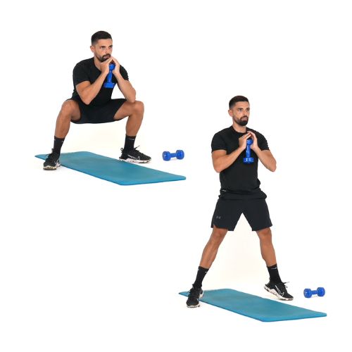 illustration de comment réaliser l'exercice du Squats Sumo avec montée sur pointe haltère