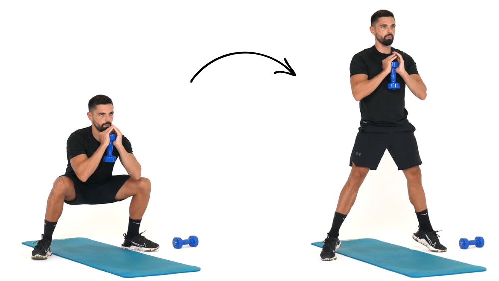 Comment réaliser l'exercice du Squats Sumo avec montée sur pointe haltère. Exercice de fitness et remise en forme à la maison.