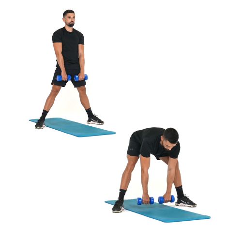 illustration de comment réaliser l'exercice du Sumo deadlift avec 2 haltères