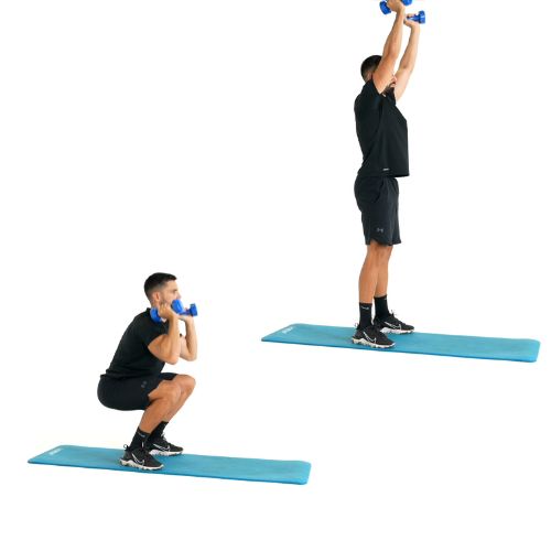 illustration de comment réaliser l'exercice du Thruster avec haltères