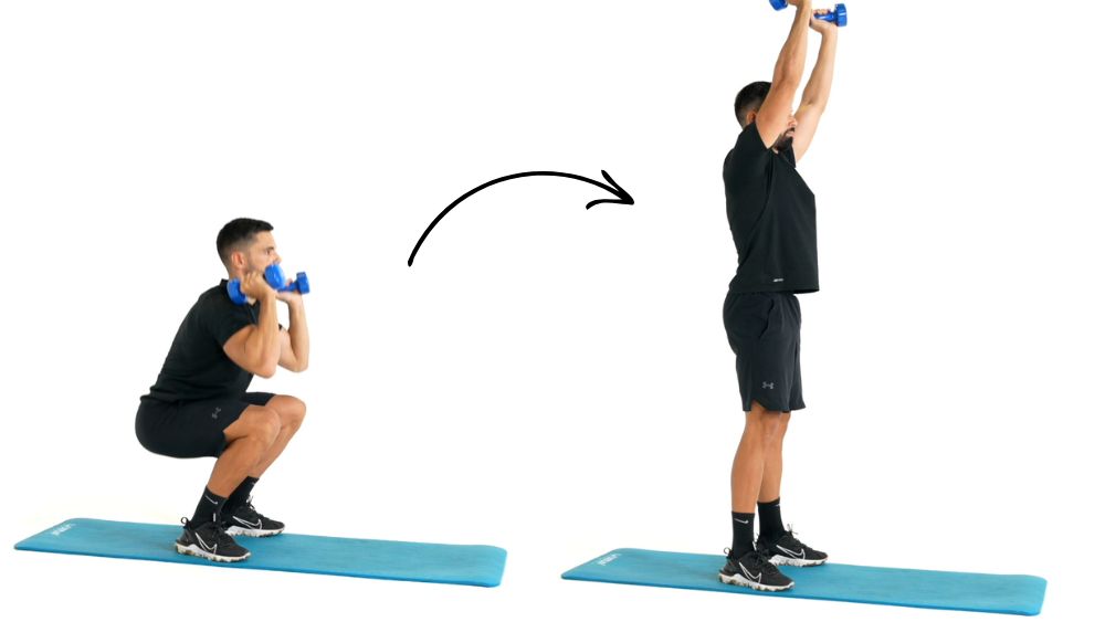 Comment réaliser l'exercice du Thruster avec haltères. Exercice de fitness et remise en forme à la maison.