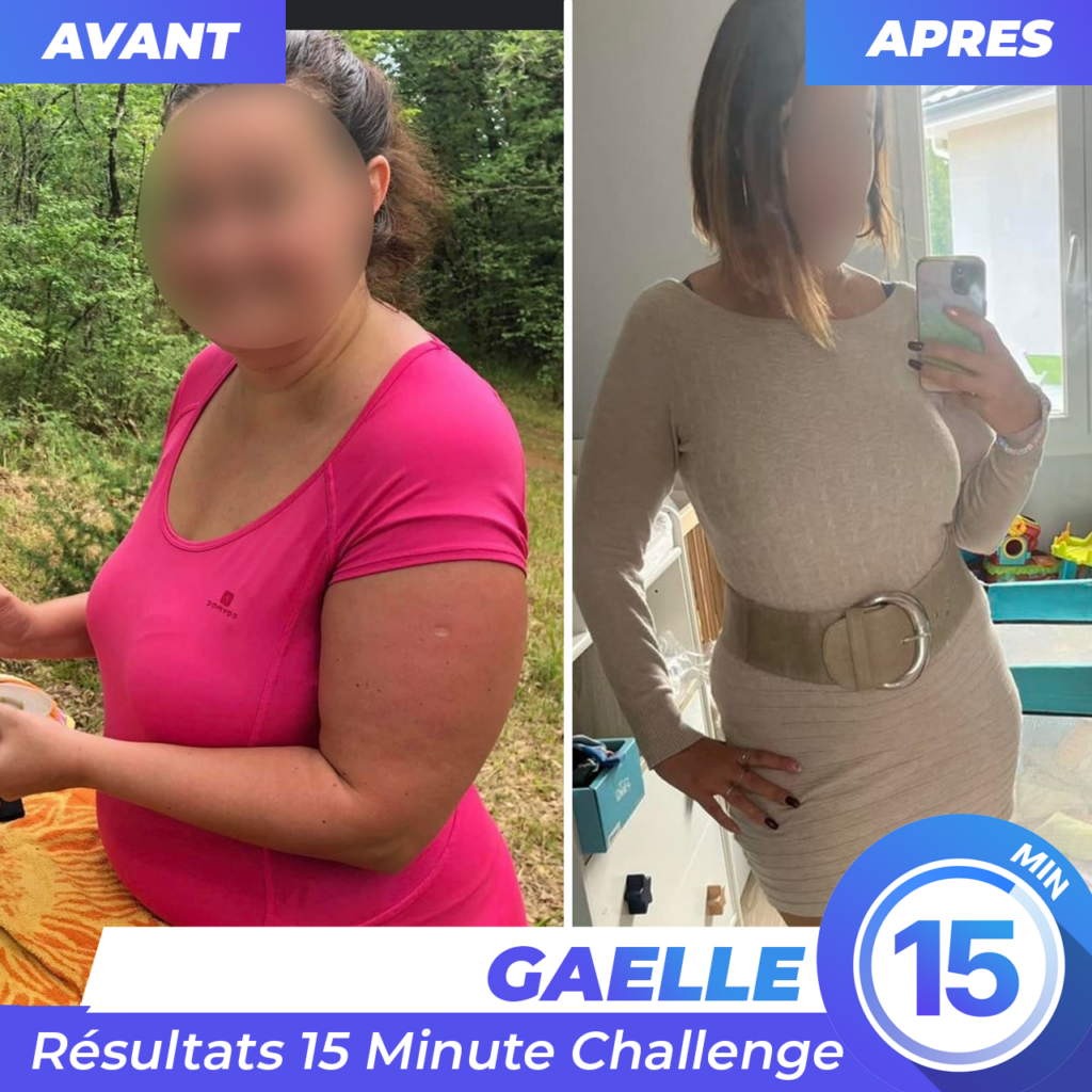 Résultat avant après Gaelle - 44 ans - Perte de poids de 16 kilos en 12 semaine avec l'application de sport à la maison 15 Minute Challenge