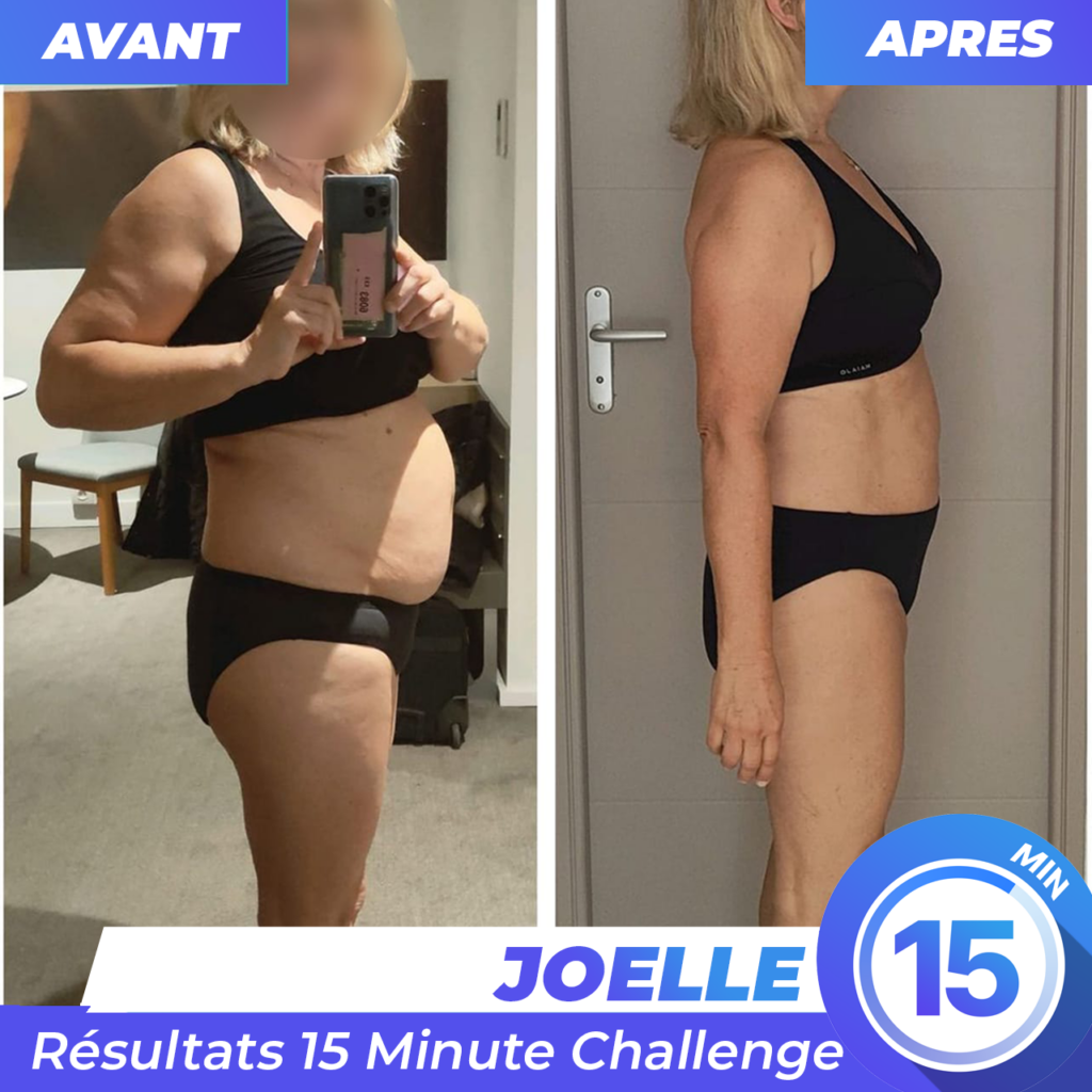 Résultat avant après Joelle- 53 ans - Perte de poids de 13 kilos de gras en 16 semaine avec l'application de sport à la maison 15 Minute Challenge
