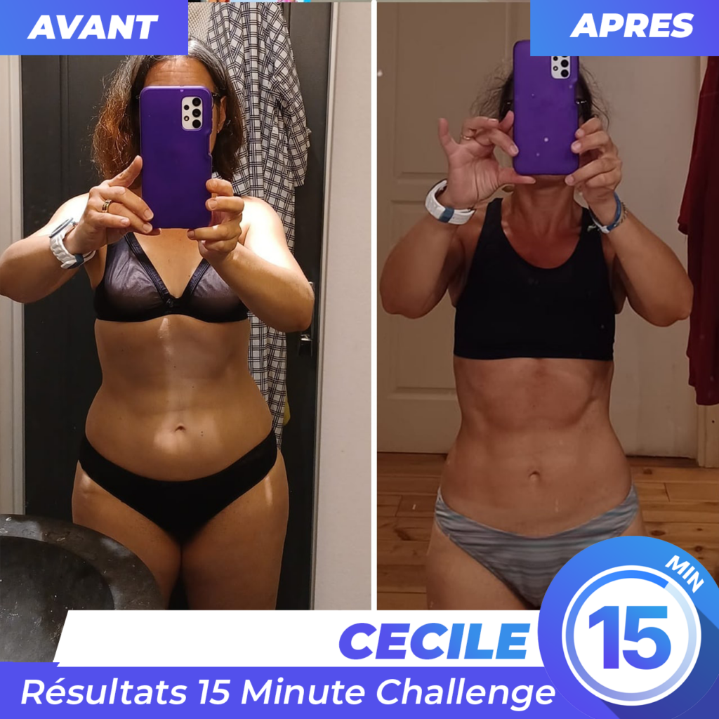 Résultat avant après Cecile - 50 ans - Perte de poids de 7 kilos de gras en 9 semaine avec l'application de sport à la maison 15 Minute Challenge