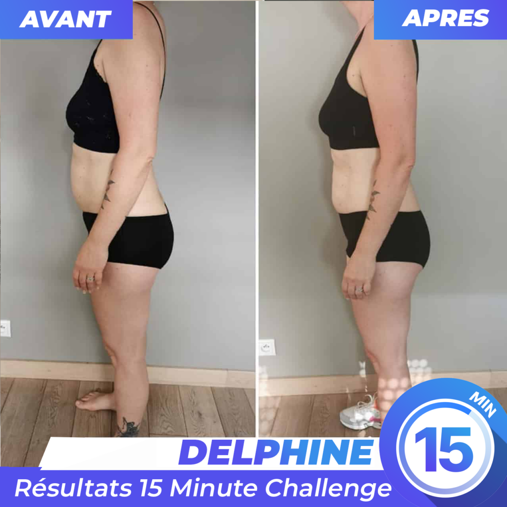 Résultat avant après Delphine - 48 ans - Perte de poids de 7 kilos de gras en 12 semaine avec l'application de sport à la maison 15 Minute Challenge