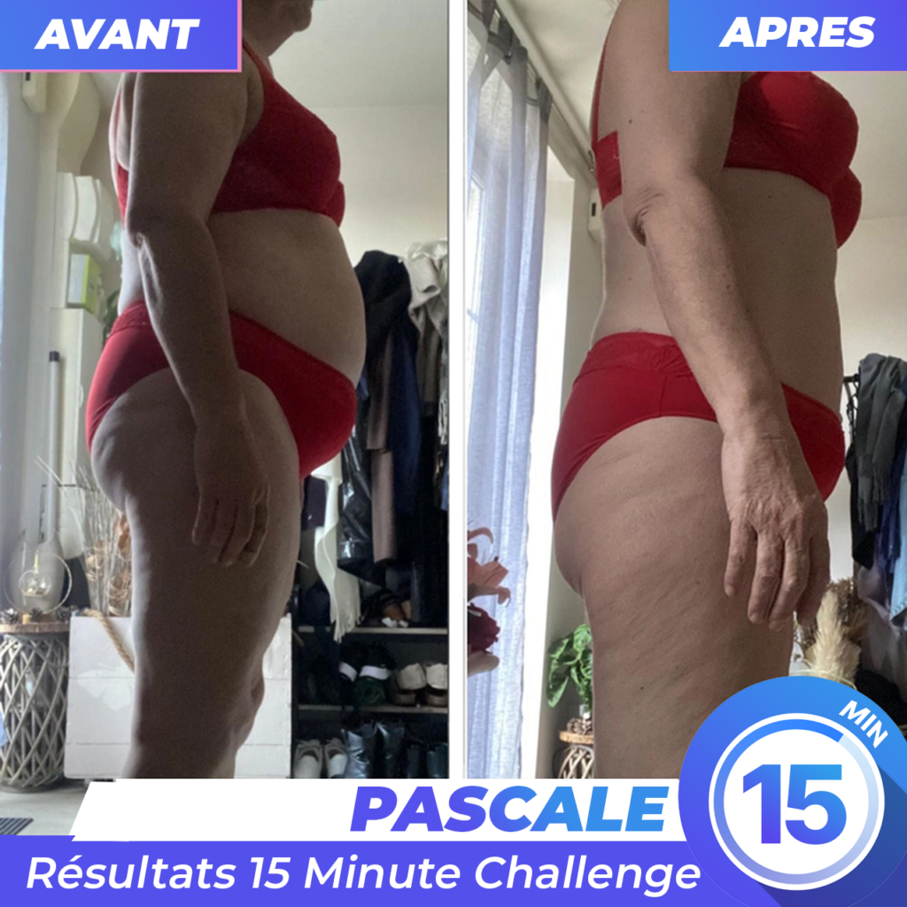 Résultat avant après Pascale - 64 ans - Perte de poids de 11 kilos en 12 semaine avec l'application de sport à la maison 15 Minute Challenge
